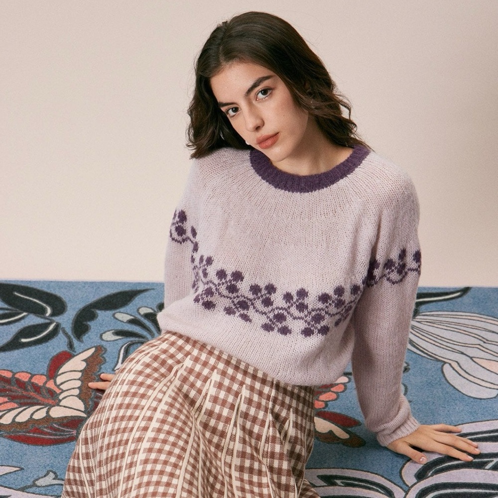 BNWT Rihoas The Pink Round Neck Contrast Floral Jacquard Knit Sweater 👚